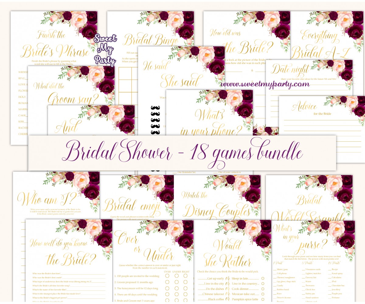 Burgundy Bridal shower games bundle, pink Bridal Shower games bundle,61c